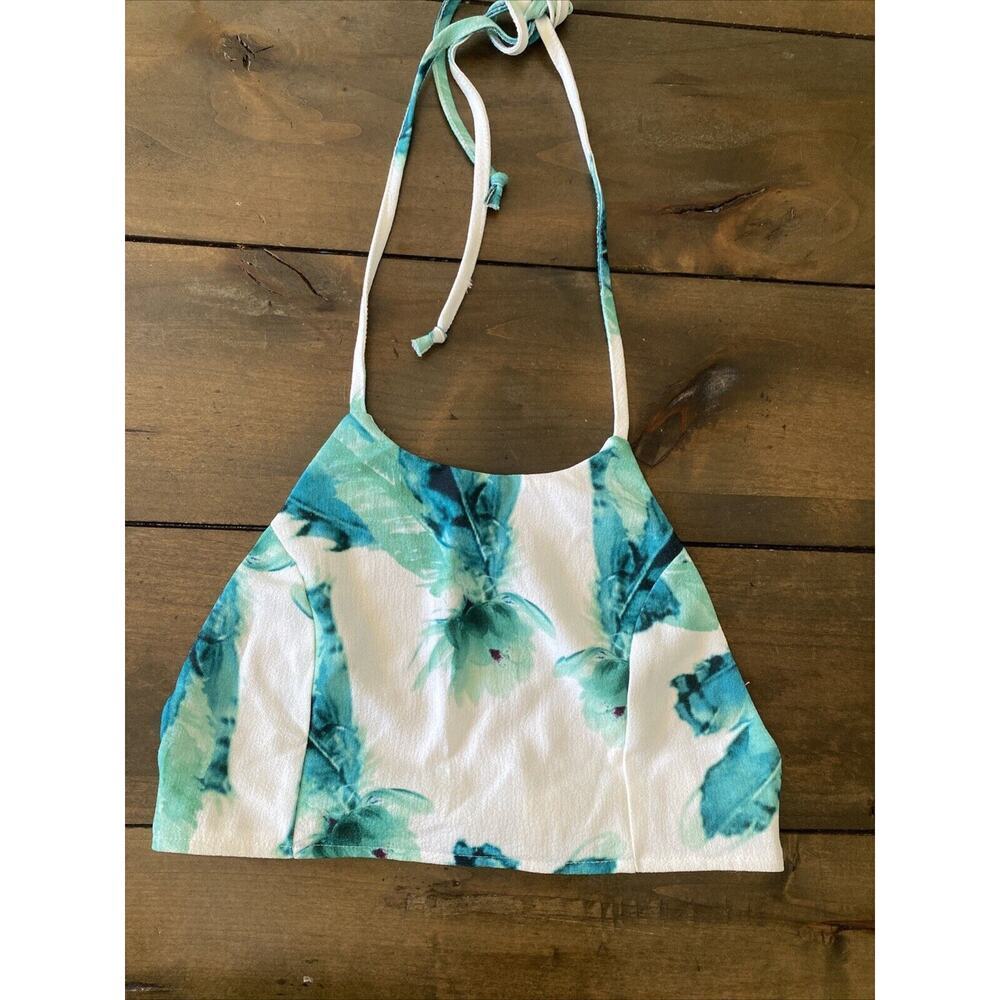 Artiste Tropical Floral Halter Crop Top Womens Size M Teal White Y2K Summer‎